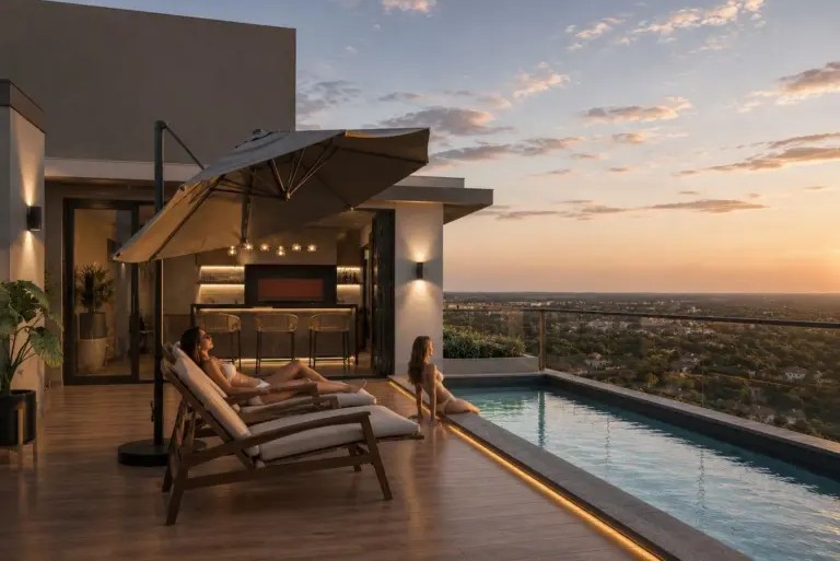 Dachterrasse mit Pool zum Sonnenuntergang