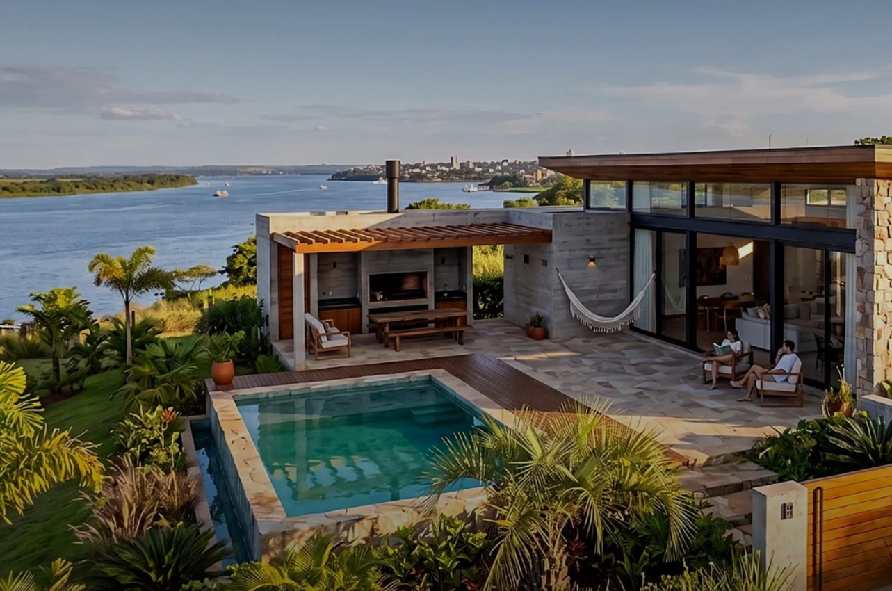Moderne Residenz mit Pool und Blick auf den Fluss