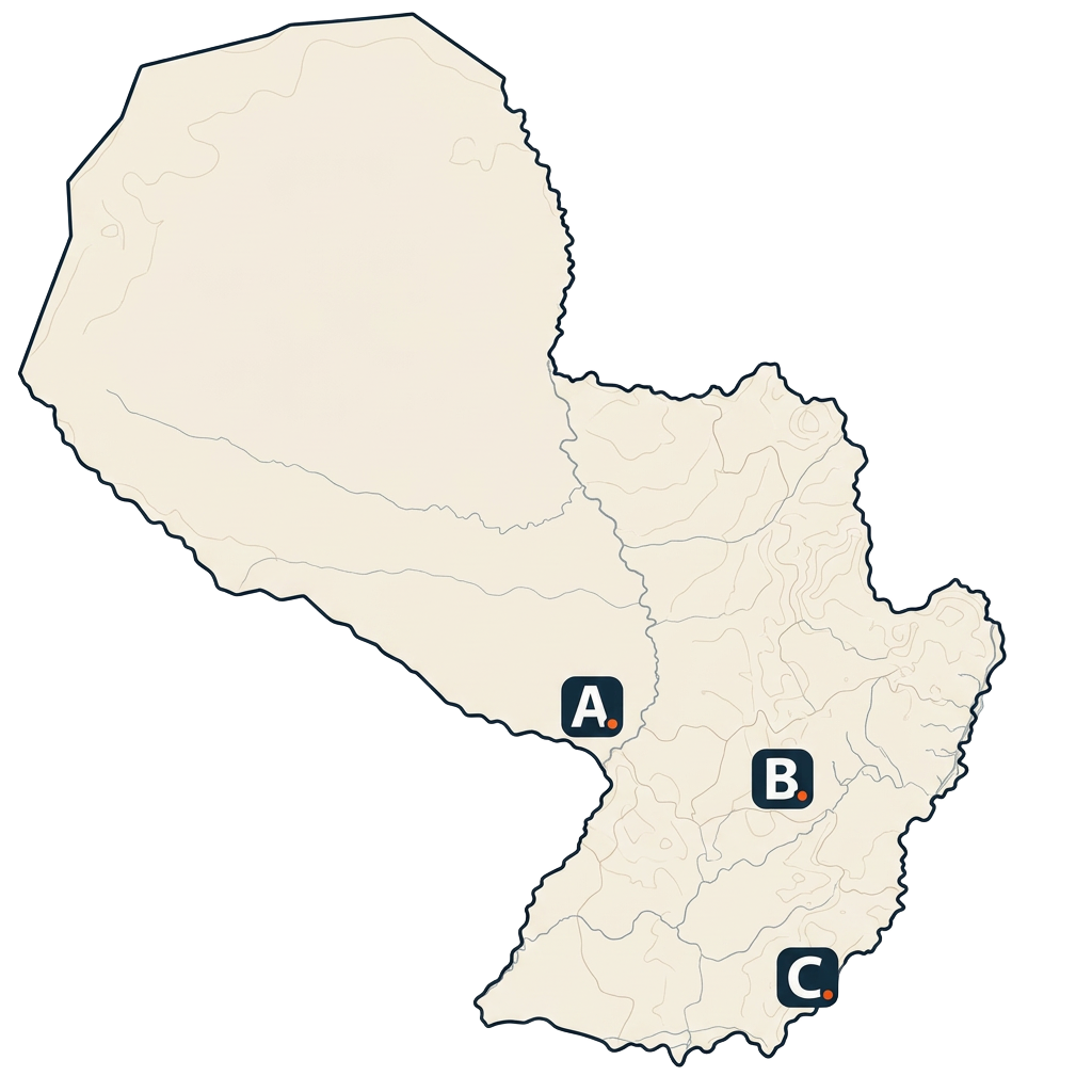 Karte von Paraguay mit den Standorten A Asunción, B Villarrica und C Region Encarnación